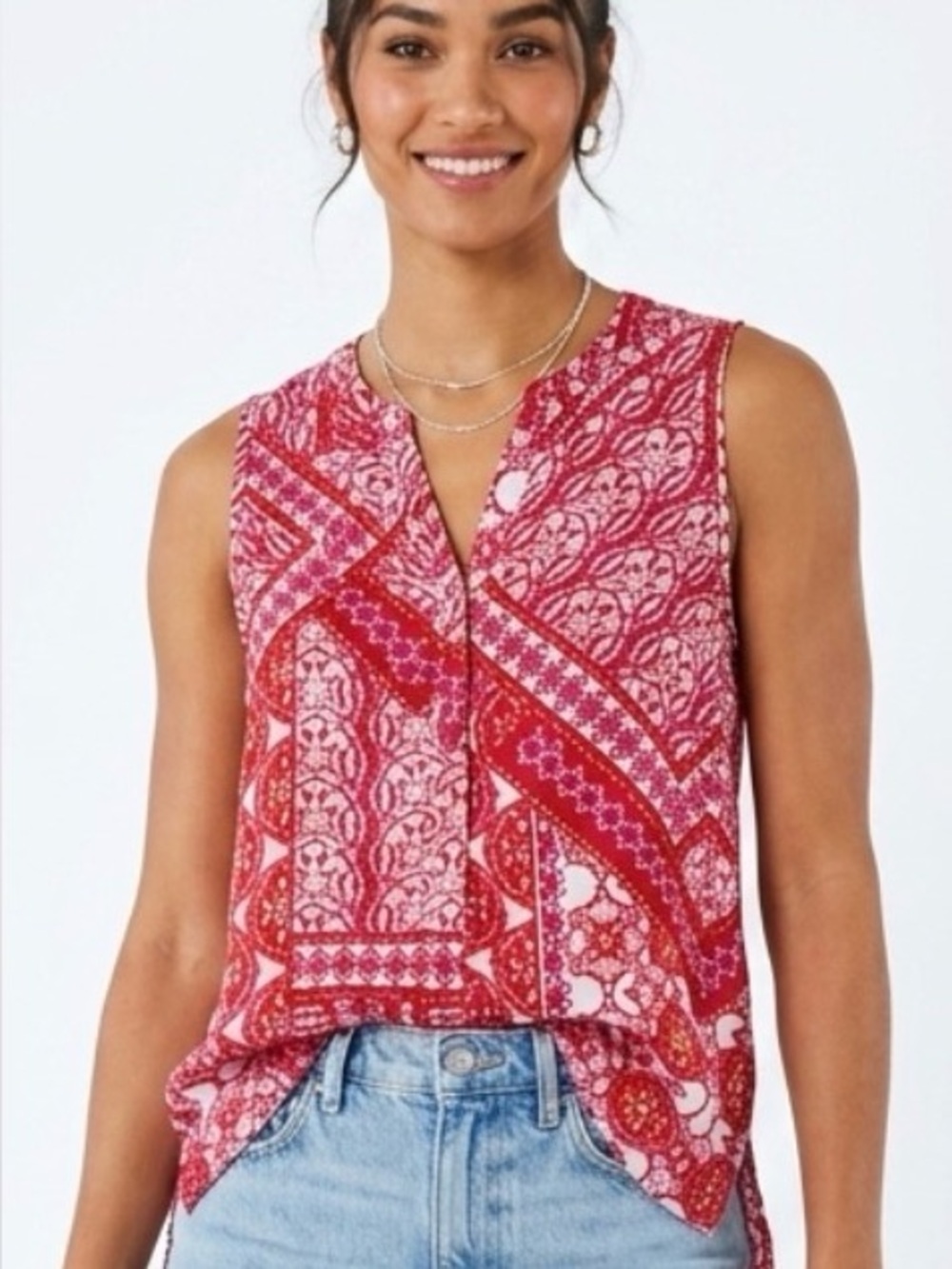 Violet + Claire Sleeveless Boho Print Blouse Size L Pinks Reds White Summer